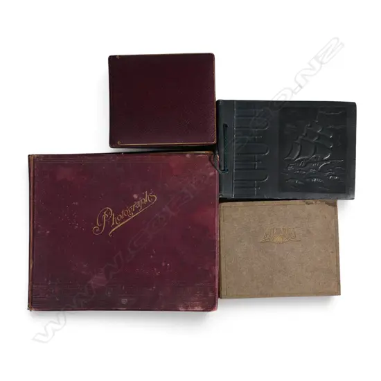 FOUR 1930-40s ALBUMS: 3 PHOTOGRAPH A+ 1 POSTCARD: Auckland + India + France & world travels + 1940 military e